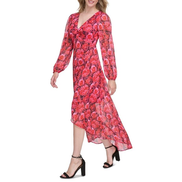 Guess Women's Floral-Print Faux-Wrap Dress Midi Dress, Dark Pink , Size 8 - Picture 4 of 7